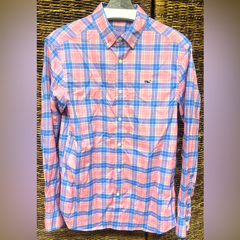 Vineyard Vines Men's - Pink and‎ Blue Plaid Shirt, Performance, Size: Small